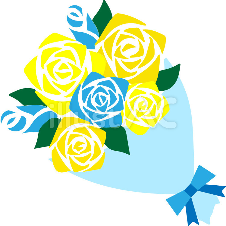 黄色いバラの花束　黄色と青のバラ